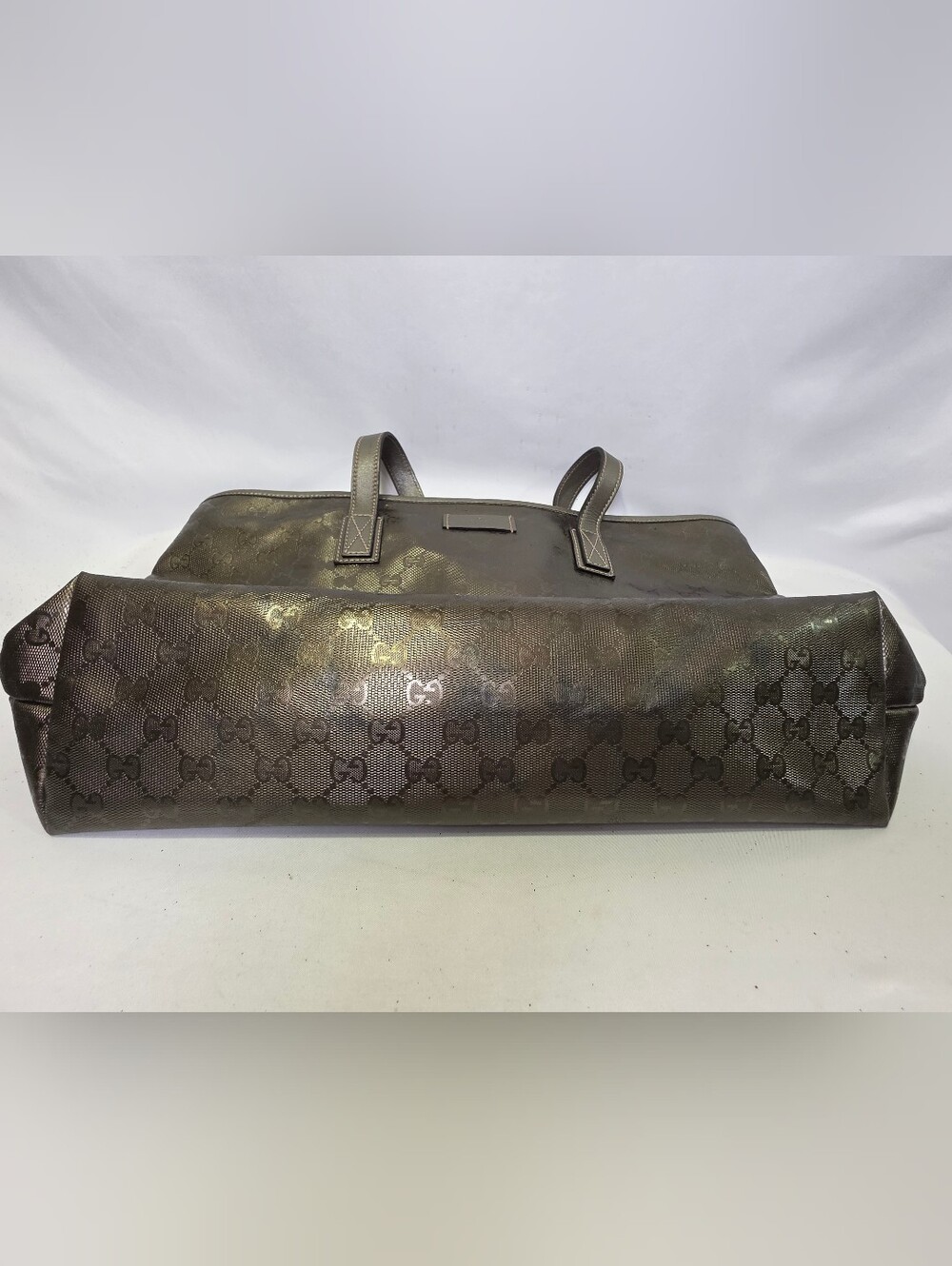 Authentic Gucci GG Imprimé coated fabric Leather Metallic Khaki Tote Bag Purse - Picture 9 of 14
